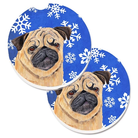 Carolines Treasures Pug Winter Snowflakes Holiday Set of 2 Cup Holder Car Coaster SC9371CARC